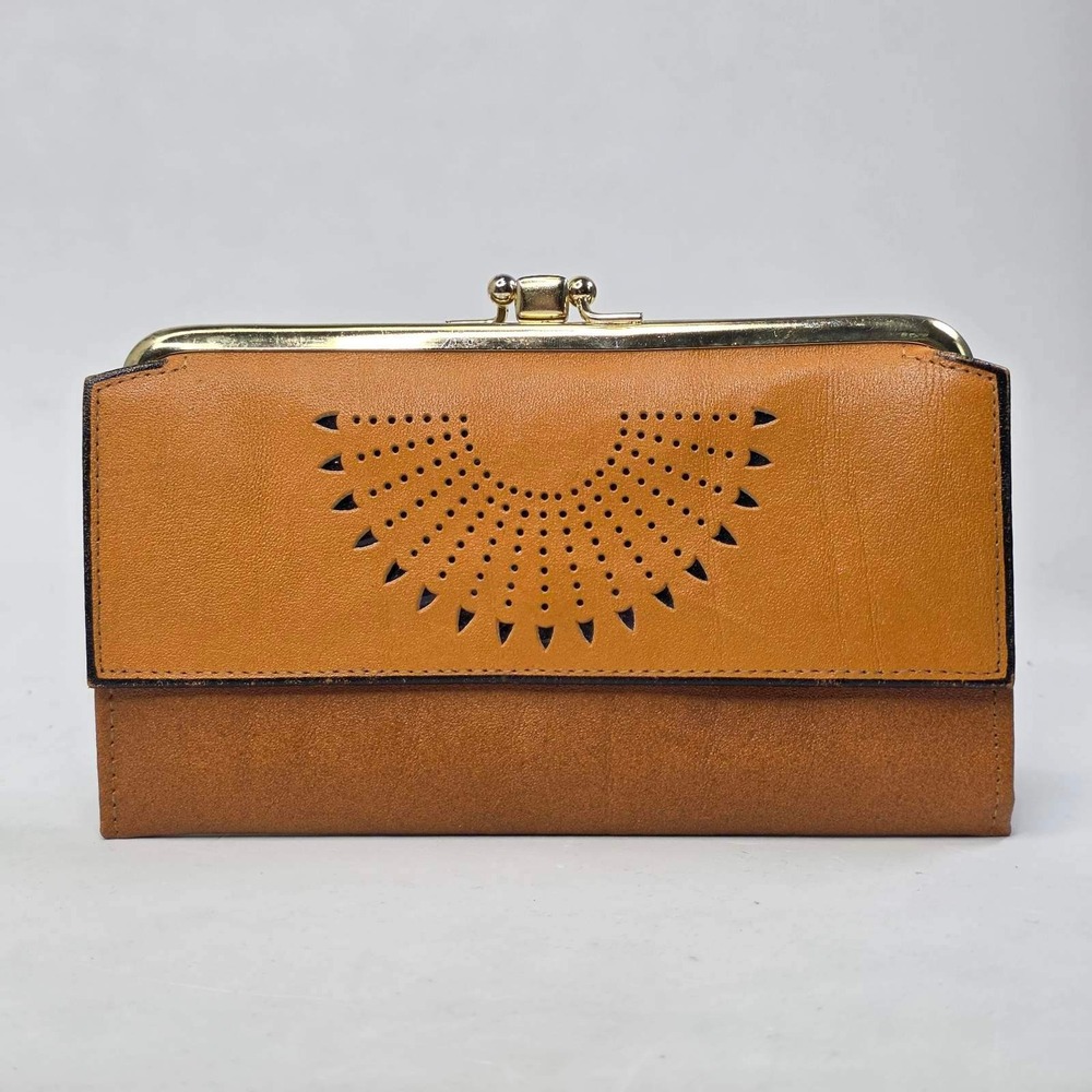 Princess Gardner Lock Wallet Tan Brown Leather Kiss Perforated Sunburst Vintage